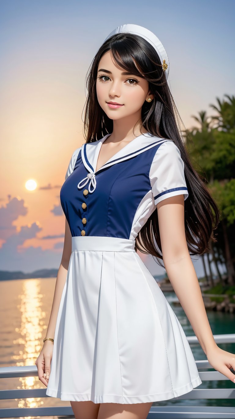 A cinematic masterpiece! 

In a stunning photorealistic image, we find ourselves gazing upon a breathtakingly beautiful young woman clad in a majestic sailor uniform, ((sailor dress))). Her long, curly black hair cascades down her back like a waterfall of night, framing her porcelain complexion. Her eyes sparkle with an air of mystery as she faces the viewer, her expression a perfect blend of whimsy and curiosity.

The lighting is nothing short of divine, casting a warm glow over her entire being, while the surrounding atmosphere is bathed in a soft, ethereal blue hue. The sailor uniform itself is a masterclass in colorful design, featuring intricate patterns and embroidery that seem to dance across its surface.

Jewelry adorns her neck, a sparkling focal point amidst the sea of serenity surrounding her. Random bursts of color punctuate the background, like fireflies lighting up the night sky. Her full-body pose exudes confidence and poise, as if she's ready to set sail on an adventure at any moment.

In this image, we're treated to a feast for the eyes - a true masterpiece that will leave you mesmerized by its sheer beauty and attention to detail.