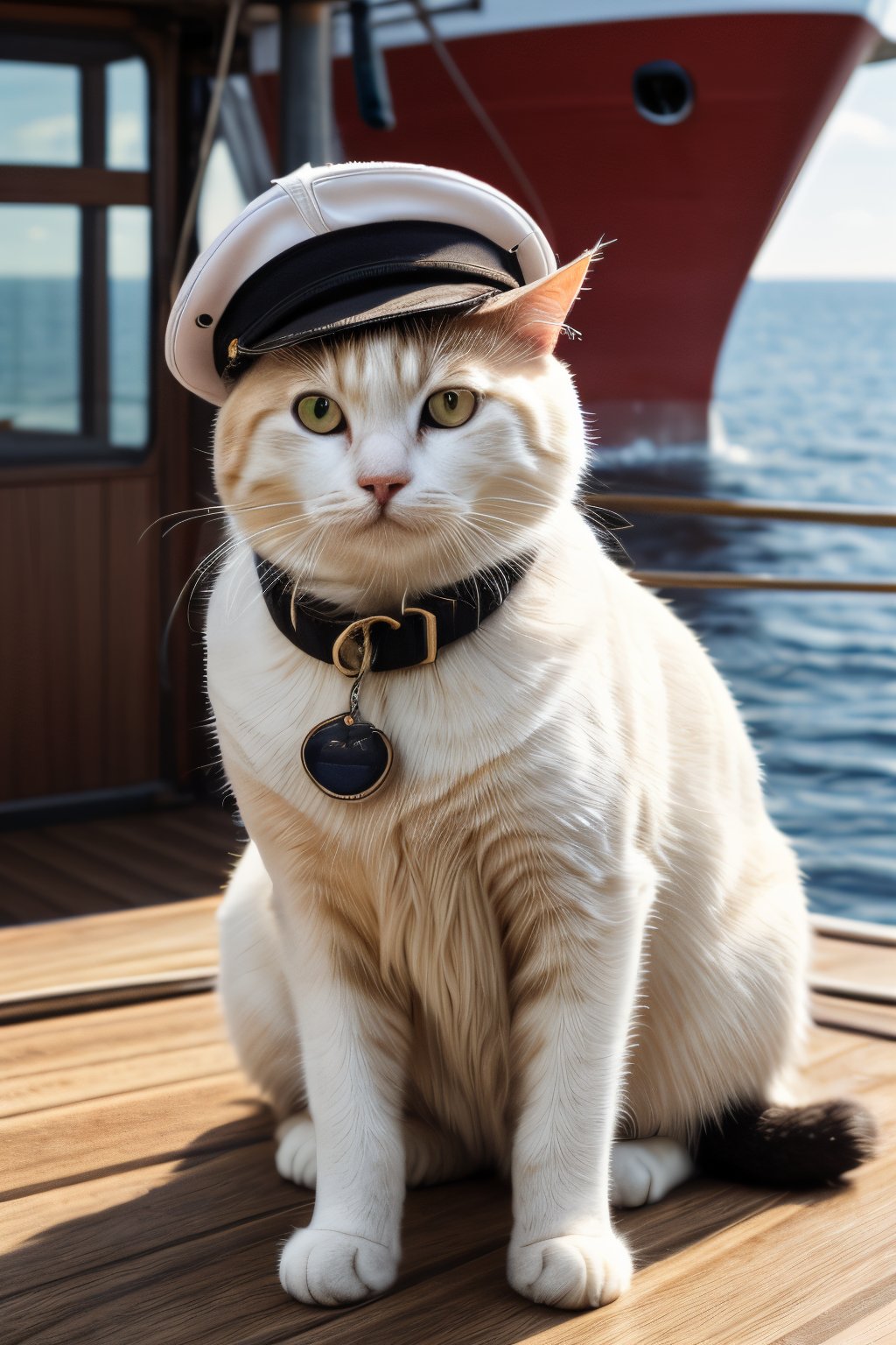 📷 A charming image of a cute white cat dressed as a sailor on a ship. The cat, rendered in hyper-realistic detail, is seen wearing a sailor's hat and collar, its fur immaculately white against the backdrop of the ship. The style is hyper-realistic, with a high level of detail and precision. The lighting is soft and diffused, casting a gentle glow on the cat and the ship's deck. The color palette is natural, with a focus on the white of the cat's fur and the weathered wood of the ship. The composition is carefully balanced, with the sailor cat centrally positioned in the frame. The image is to be generated with a high-resolution 16k, using a virtual 85mm lens, with a focus on sharpness and depth-of-field. --ar 16:9 --v 5.1 --style raw 