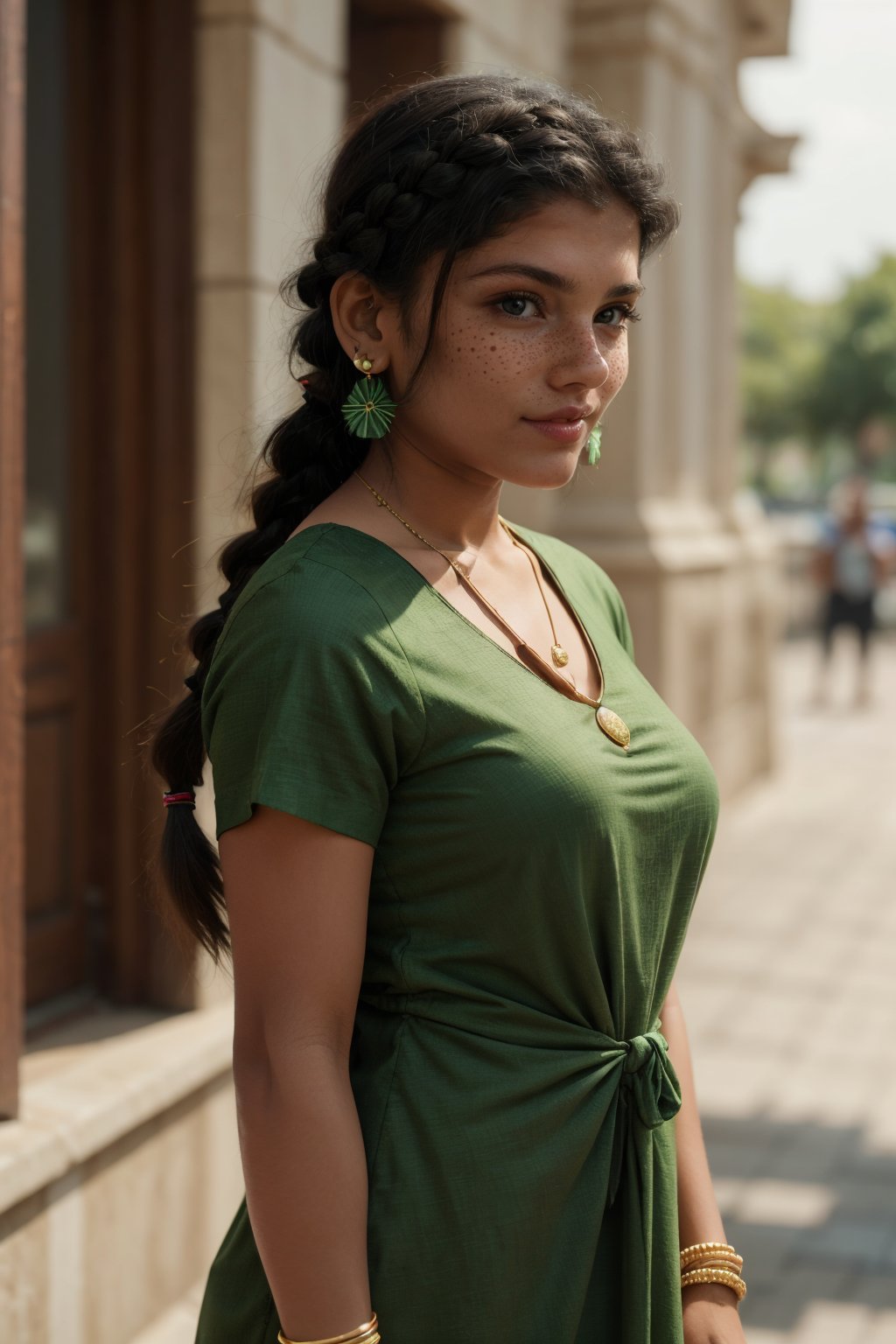 1girl, solo, long hair, smile, black hair, hair ornament, dress, jewelry, standing, braid, earrings, outdoors, day, dark skin, necklace, blurry, bracelet, dark-skinned female, cosplay, single braid, blurry background, facial mark, realistic, green shirt, photo background,Reshmi nair 