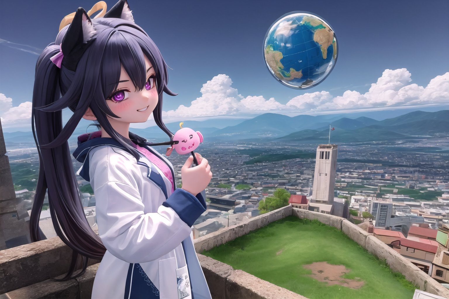 Vibrant pink and blue hues dominate the frame as Little Hotafodef and Little Clorinde, dressed in matching lab coats, pose like Pinky and the Brain. Pinky's (Hotafodef) goofy grin stretches across her face, while Brain's (Clorinde) eyes gleam with genius-level intensity. A cityscape background fades into the distance, with a giant globe and scientific instruments scattered about. The dynamic duo's paws grasp a miniature world map, as if plotting their next diabolical scheme.