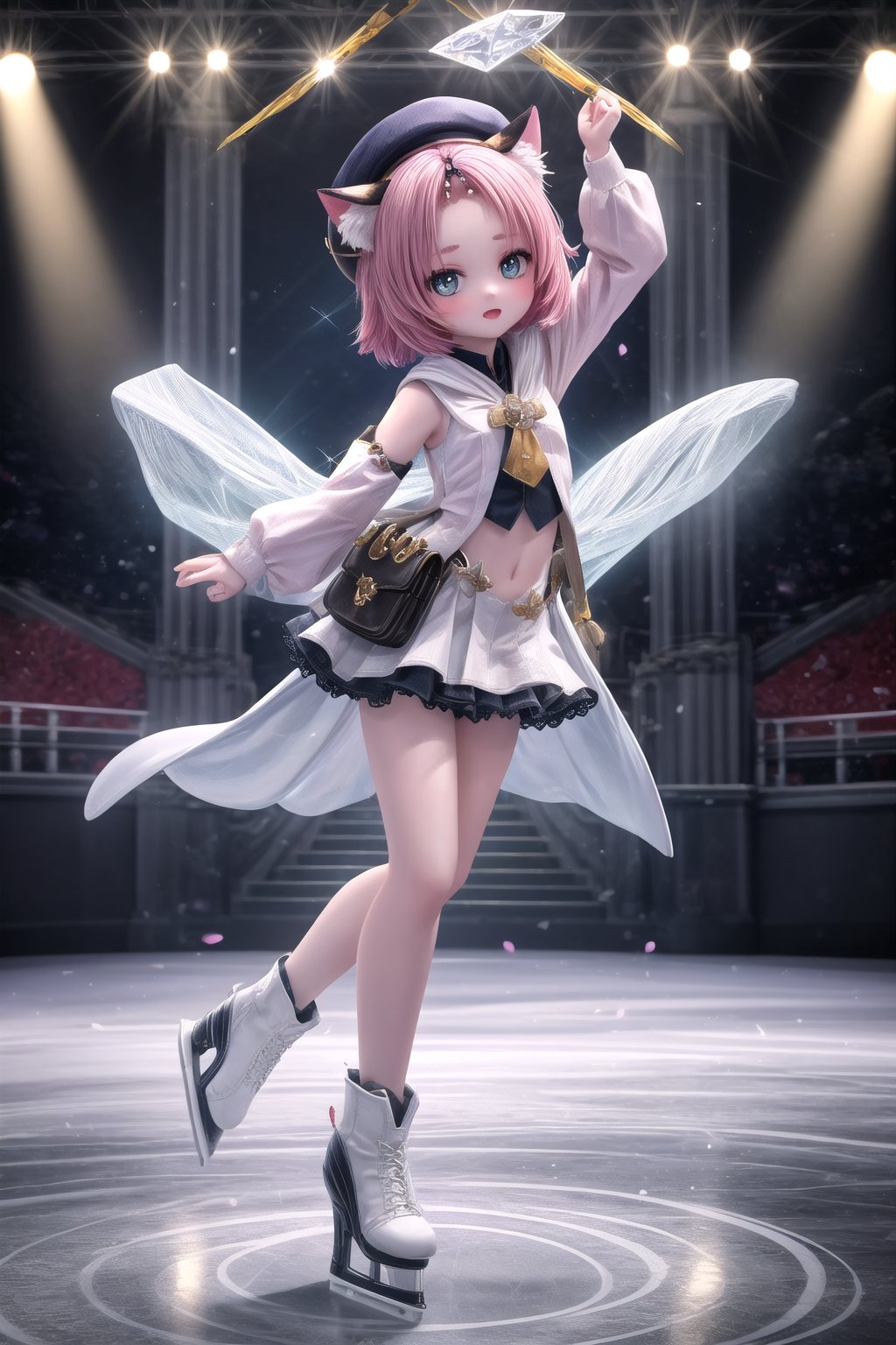 Full-body shot of Dionadef, the 'Ice Princess', standing tall in a flowing white costume, her long limbs and slender physique accentuated by the bright lights illuminating the skating rink. Her arms are stretched out to the sides, one hand grasping an imaginary bouquet of flowers, while her eyes sparkle like diamonds under the gleaming ice. (masterpiece), best quality, HDR, 32k UHD, Ultra realistic, highres, highly detailed, ultra_hd, high resolution, ultra_detailed, hyper realistic, extemely detailed background, detailed_background, complex_background, depth_of_field, extremely detailed and complex, realistic,