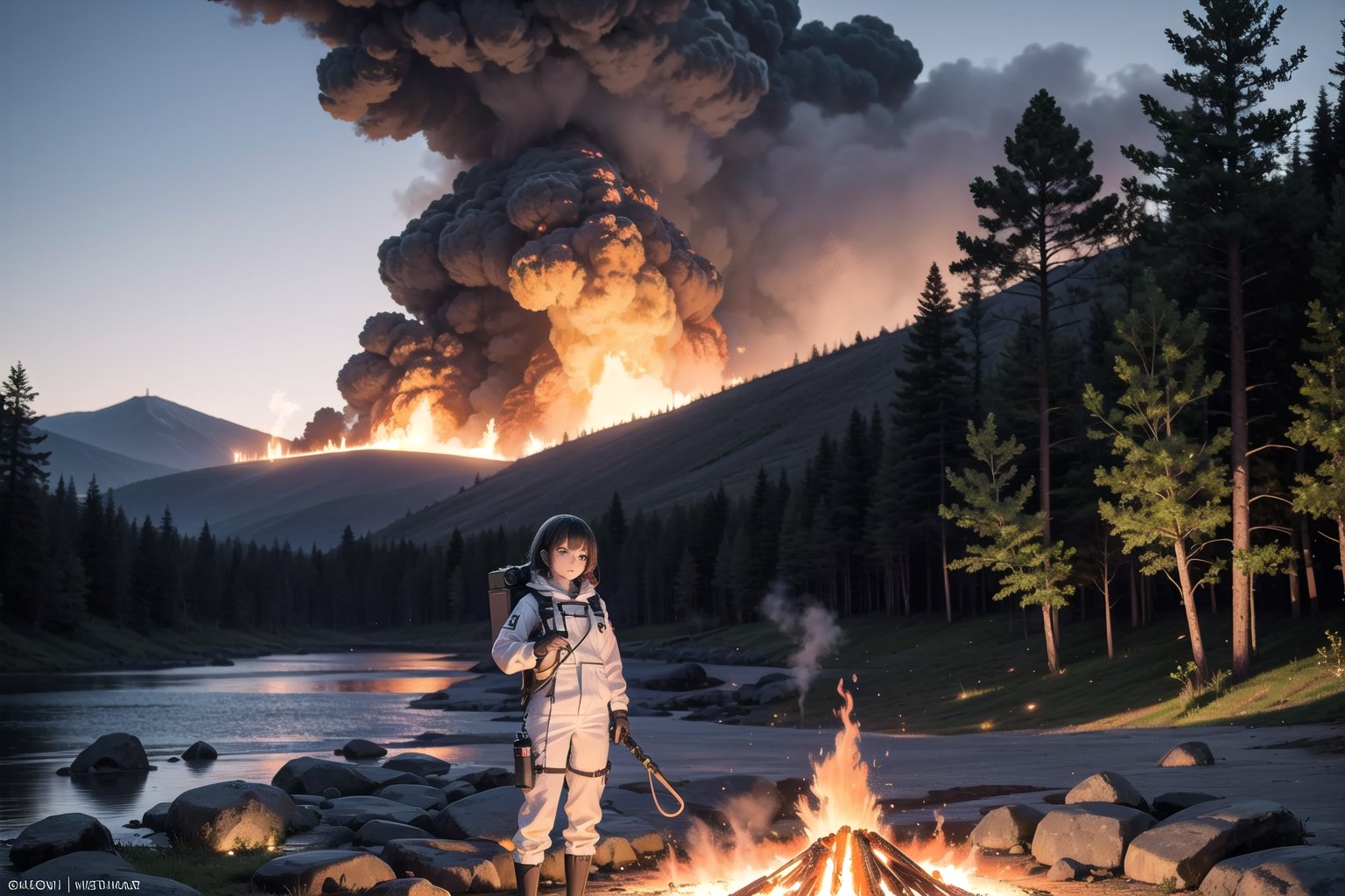 Volcanologist Lora stands at the edge of a majestic, steam-spewing volcanic crater, surrounded by lush green grass and towering trees that stretch towards the sky. The air is thick with wispy smoke and fiery embers as the volcano erupts in the distance. Her Hazmat suit glistens with dew as she gazes up at the inferno, her expression a mix of awe and trepidation. The camera captures the intricate details of her equipment and the rugged terrain in Ultra 4K HDR, showcasing the complexity of the volcanic landscape.