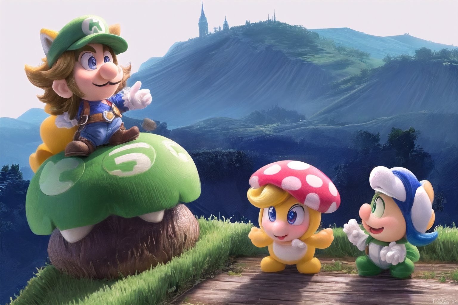 Wriothesley's Mario and Neuvillette's Luigi stand heroically back-to-back, (masterpiece), best quality, HDR, 32k UHD, Ultra realistic, highres, highly detailed, ultra_hd, high resolution, ultra_detailed, hyper realistic, extemely detailed background, detailed_background, complex_background, depth_of_field, extremely detailed and complex, outdoor, creating an atmosphere in (Mushroom Kingdom), creating an atmosphere at (Mushroom Kingdom), show me yourself with your friends (Daisy), (Yoshi), (Toad), (Princess Peach),