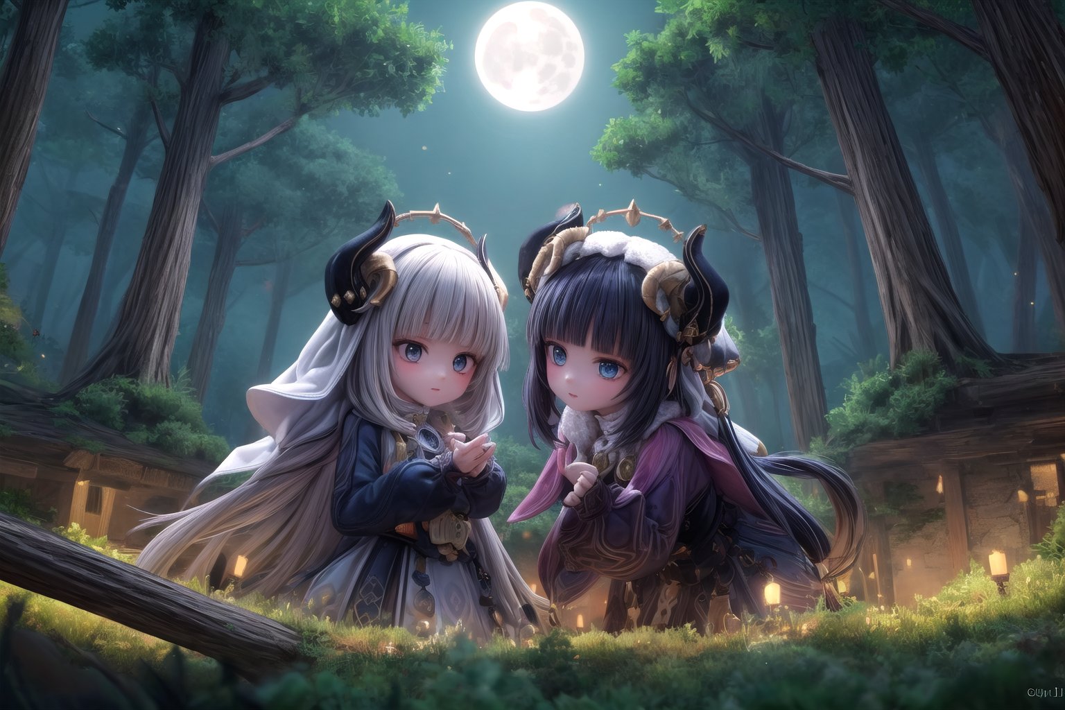 In this breathtaking 32k UHD HDR scene, Yunjindef and Niloudef, two fearless 12-year-old girls, stand strong in a powerful pose amidst the dark, mystical forest of Teyvat. Framed by ancient trees with gnarled branches and eerie vines, they pause at the edge of discovery and peril, their resolute faces aglow with soft luminescence emanating from their hands like tiny beacons. The solemn moon hangs low in the sky, its long shadow creeping across the landscape as they deliberate whether to uncover hidden treasures amidst the lurking darkness.