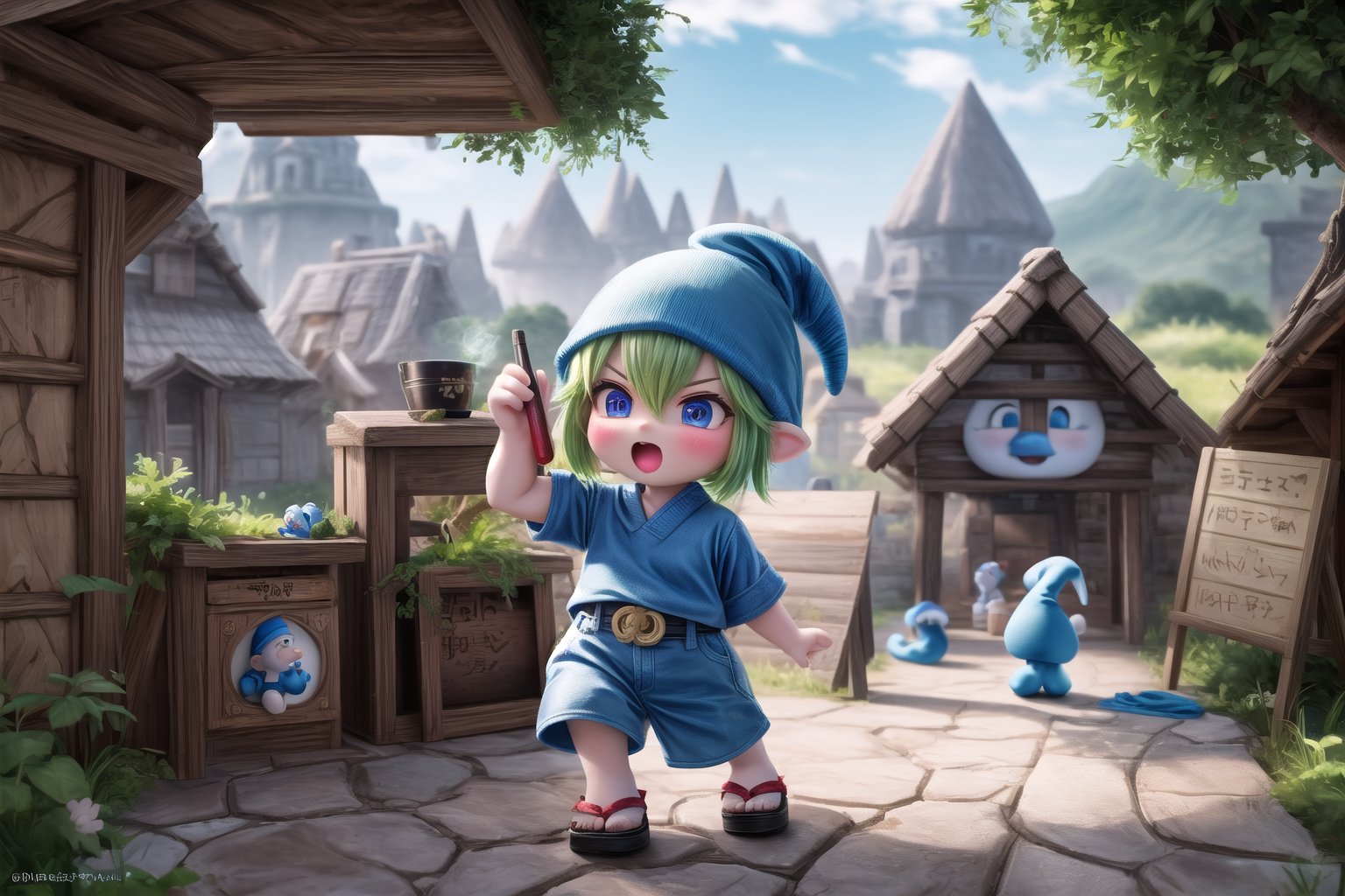 little kukishinobudef as (Smurfs), show yourself as (Smurfs), show me your (Smurfs costume), creating an atmosphere in (Smurf Village), creating an atmosphere at (Smurf Village), show yourself as Smurf, (Grouchy Smurf), (Sasette), (Brainy Smurf), (Papa Smurf), (Clumsy Smurf), (Hauie), (Hefty Smurf),