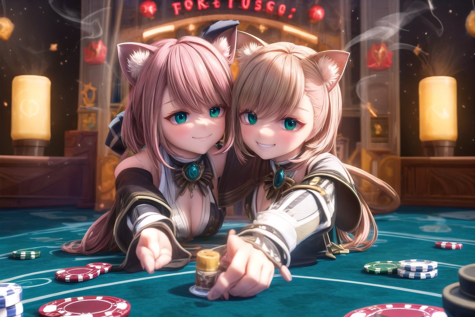 Charlotte Genshin and Cat Tail, sisters in revelry, slumberously slump against a roulette table, surrounded by a haze of cigarette smoke and discarded beer bottles. The dim casino lights cast a warm glow on the scene, while the neon signs and slot machines hum with a distant buzz. Charlotte's eyes droop lazily, her mouth slackened into a sloppy grin, as Cat Tail leans in, her own smile twisted into a mischievous smirk. The tablecloth is a blur of green felt, with chips and cards scattered about, as the sisters' laughter and shouts mingle with the sounds of the casino.