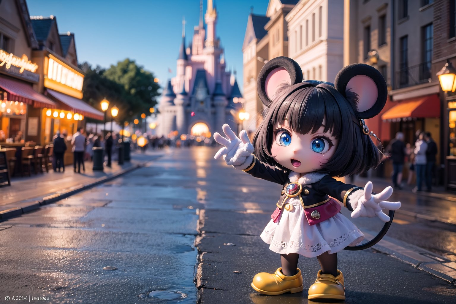 little candacedef as (Disney's Mickey Mouse), (masterpiece), best quality, HDR, 32k UHD, Ultra realistic, highres, highly detailed, ultra_hd, high resolution, ultra_detailed, hyper realistic, extemely detailed background, detailed_background, complex_background, depth_of_field, extremely detailed and complex, outdoor, little Disney's Micky Mouse at Disney Land Paris,