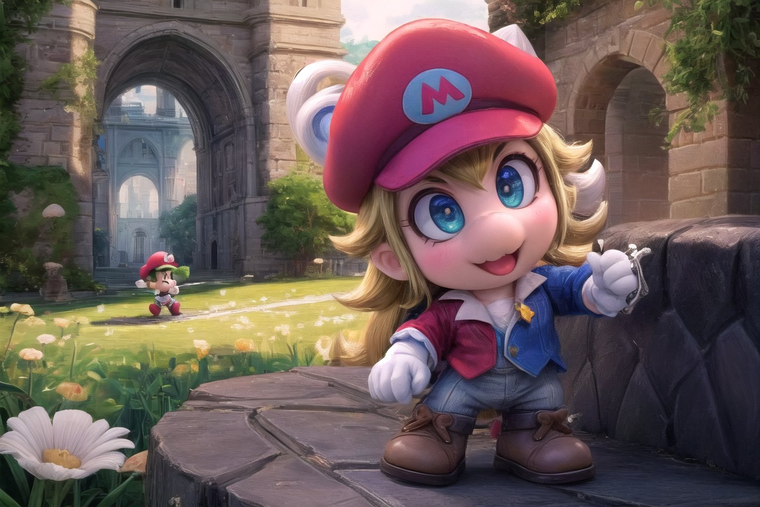 Wriothesley's Mario and Neuvillette's Luigi stand heroically back-to-back, (masterpiece), best quality, HDR, 32k UHD, Ultra realistic, highres, highly detailed, ultra_hd, high resolution, ultra_detailed, hyper realistic, extemely detailed background, detailed_background, complex_background, depth_of_field, extremely detailed and complex, outdoor, creating an atmosphere in (Mushroom Kingdom), creating an atmosphere at (Mushroom Kingdom), show me yourself with your friends (Daisy), (Yoshi), (Toad), (Princess Peach),