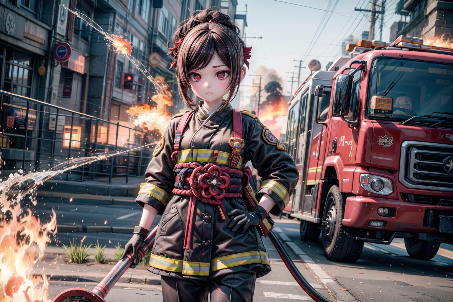 chiori, the fire chief, stands next to her fire engine in full firefighter uniform: helmet, coat, trousers and gloves. In her right hand she holds a fire hose, the camera captures her in full size, with the fire truck in the background, casting a warm light on her determined face. show yourself to me in full firefighter uniform