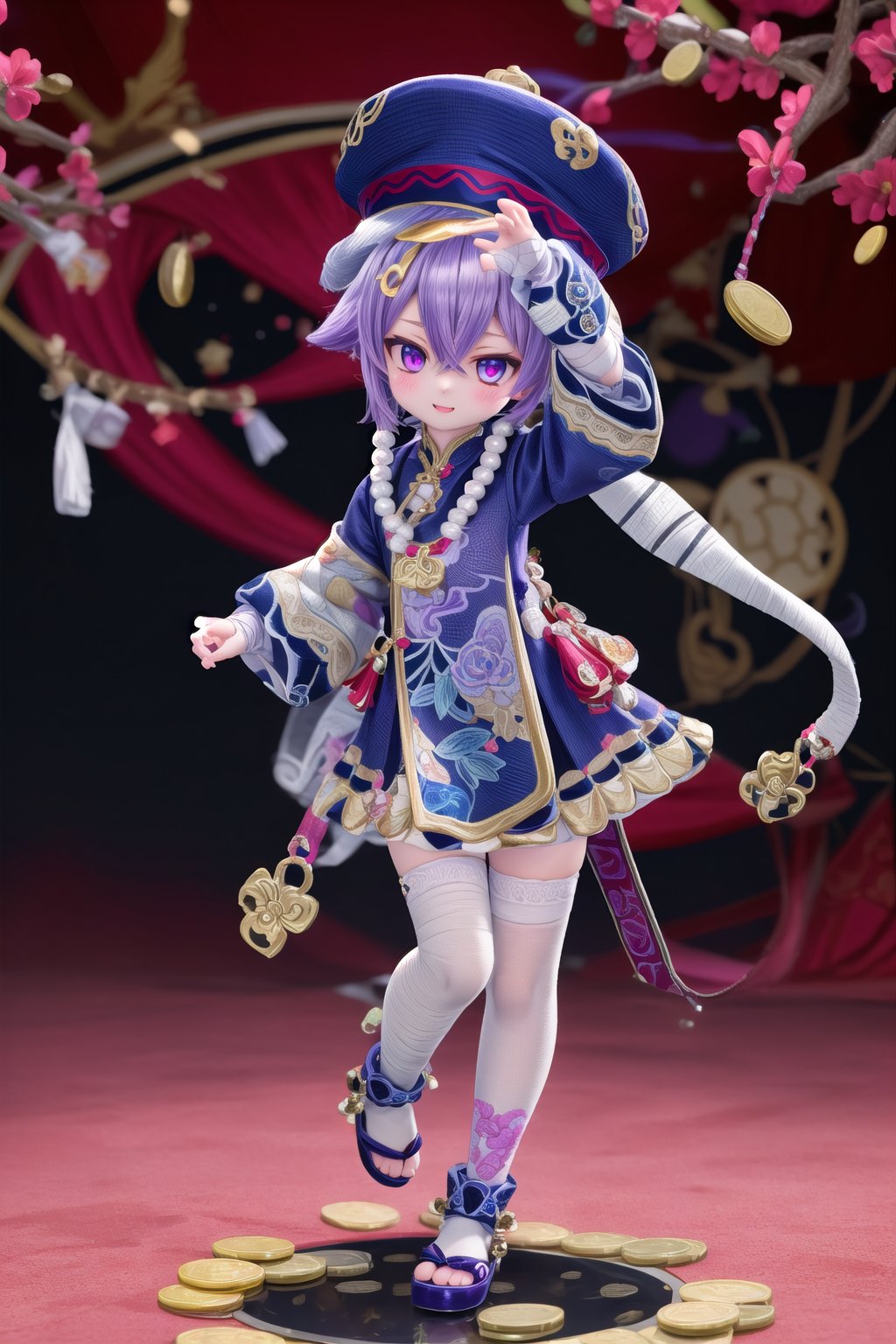 (full body of Qiqi_impact), 1girl, solo_female, purple eyes, full_body, purple headwear, hat, purple hair, hair between eyes, better hands, flat_background, chinese clothes, bandaged leg, bead necklace, coin hair ornament, dress, white thighhighs, blurry_background, outdoors, cheeky and sweet,