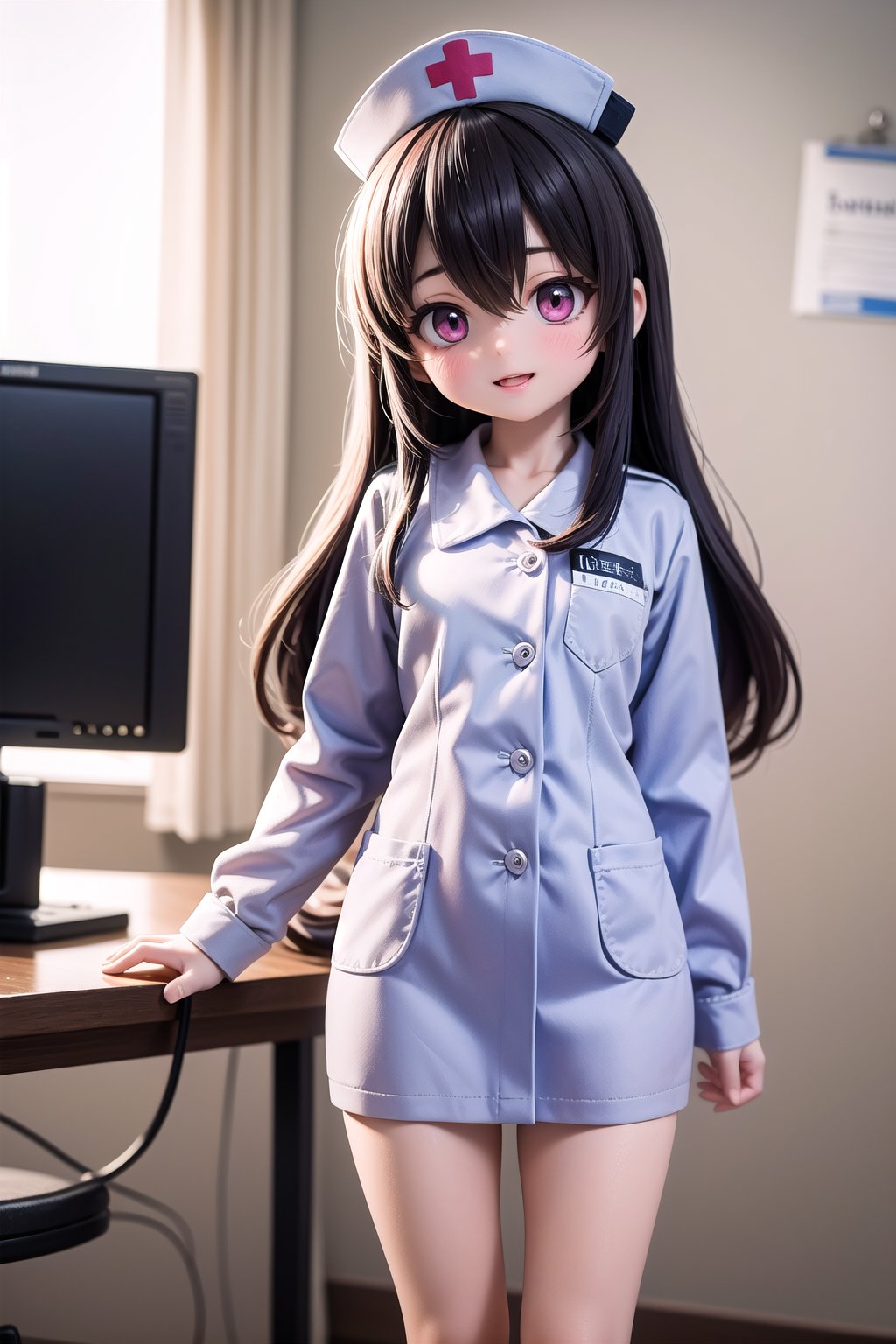 (masterpiece), best quality, HDR, 32k UHD, Ultra realistic, highres, highly detailed, ultra_hd, high resolution, ultra_detailed, hyper realistic, extemely detailed background, detailed_background, complex_background, depth_of_field, extremely detailed and complex, child size, (12 years old), little Nurse Qiqidef (full body view of lora:qiqi:1) in her white hospital uniform and nurse cap, nurse, nurse cap, hat, sleeves, long dress, hair between eyes, stands in a dynamic pose in a operation room, hospital room, happy_face, tantei1_nurse, complete hospital equipment in the background, realism pushed to extreme, fine texture, petite, very cute, naughty, adorable girl, creating an atmosphere in a operation hospital room, 