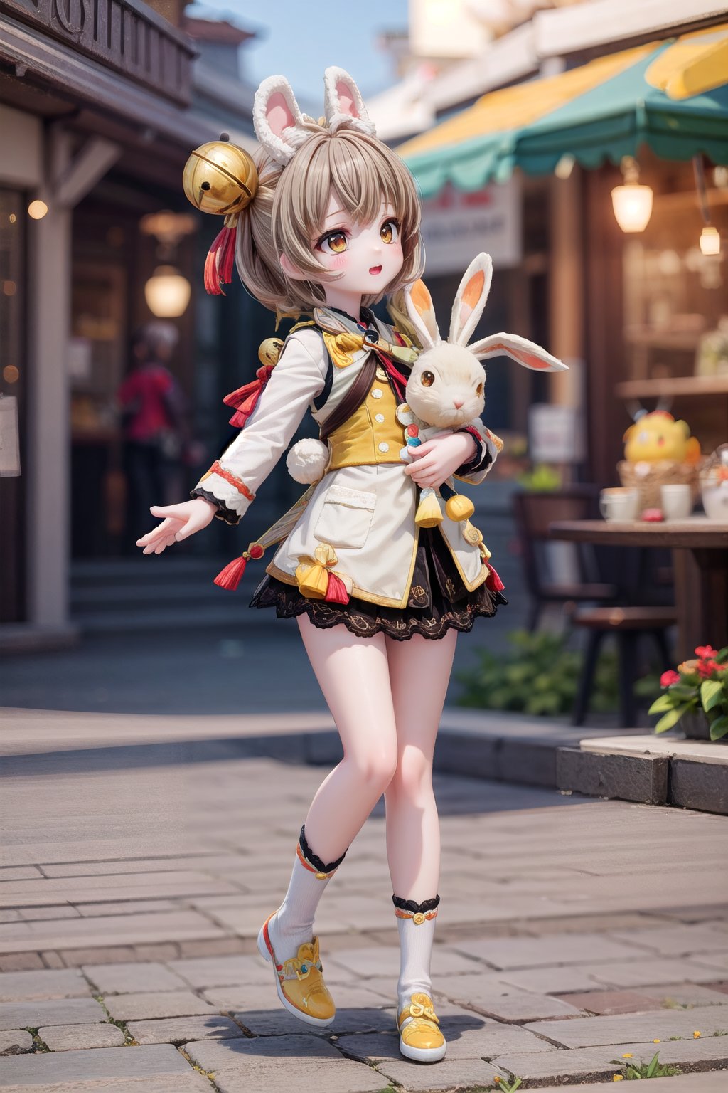 Yaoyao_Impact, full_body, blurry_background, loli, hug stuffed rabbit with 2 hands, outdoor, yellow rabbit, 1girl, solo_female, yaoyao style, brown hair, brown eyes, short hair, hair bell,