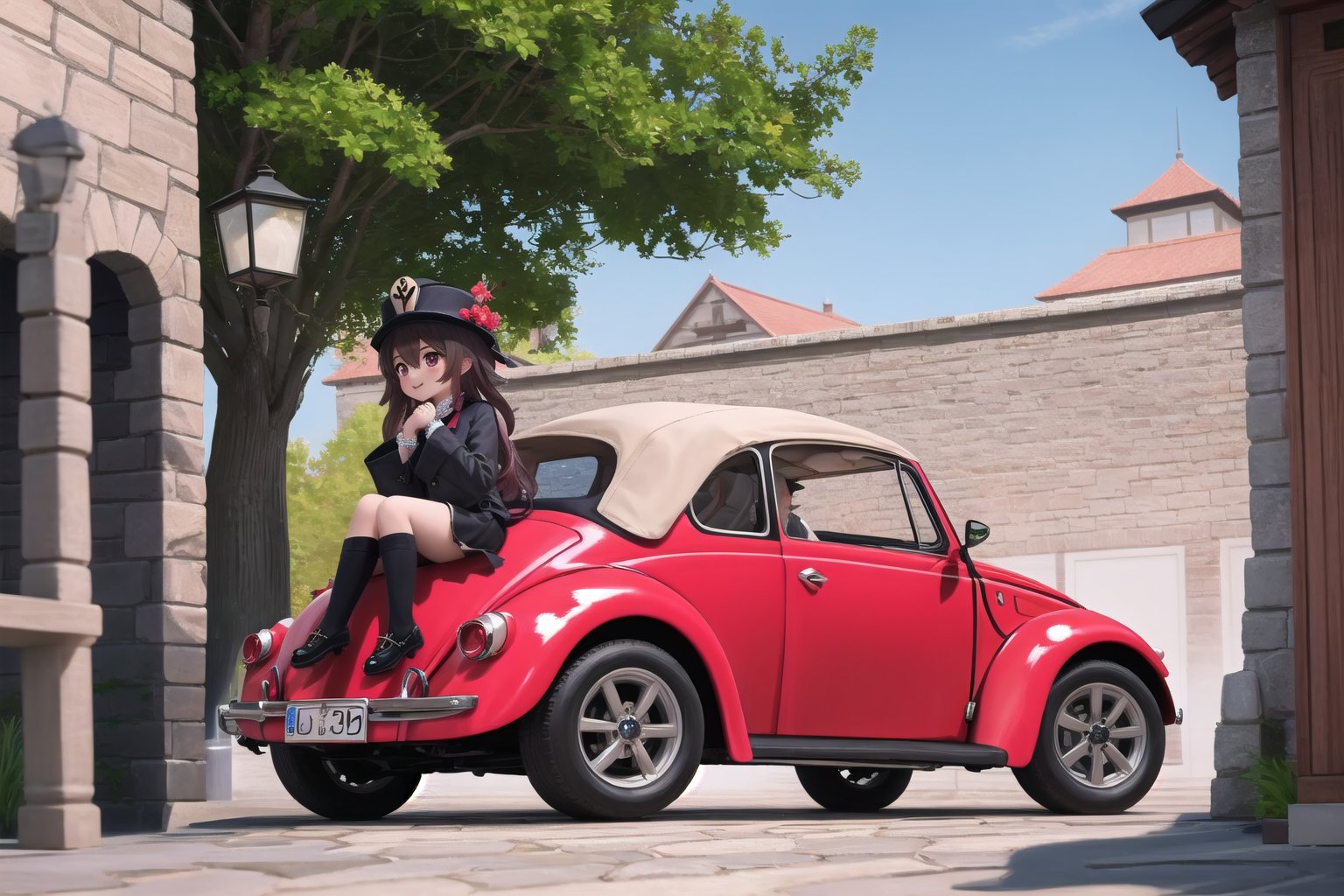 Red VW Beetle convertible glides effortlessly down Teynat's cobblestone streets, its vibrant hue drawing attention to the whimsical duo within. Hotaodef and Clorinde, dressed in their signature attire, share a playful laugh as they soak up the sun-kissed atmosphere. The wind whispers through their hair as they sit side by side, the open road stretching out before them like a canvas of endless possibility.