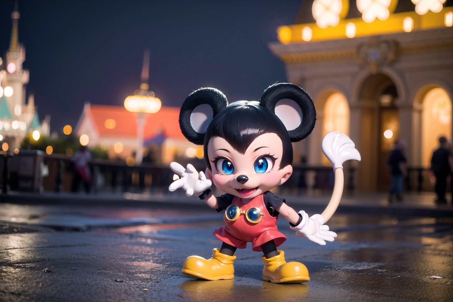 little candacedef as (Disney's Mickey Mouse), (masterpiece), best quality, HDR, 32k UHD, Ultra realistic, highres, highly detailed, ultra_hd, high resolution, ultra_detailed, hyper realistic, extemely detailed background, detailed_background, complex_background, depth_of_field, extremely detailed and complex, outdoor, little Disney's Micky Mouse at Disney Land Paris,