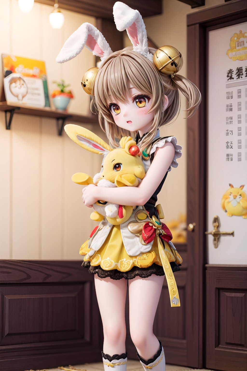 Yaoyao_Impact, full_body, blurry_background, loli, hug stuffed rabbit with 2 hands, outdoor, yellow rabbit, 1girl, solo_female, yaoyao style, brown hair, brown eyes, short hair, hair bell,