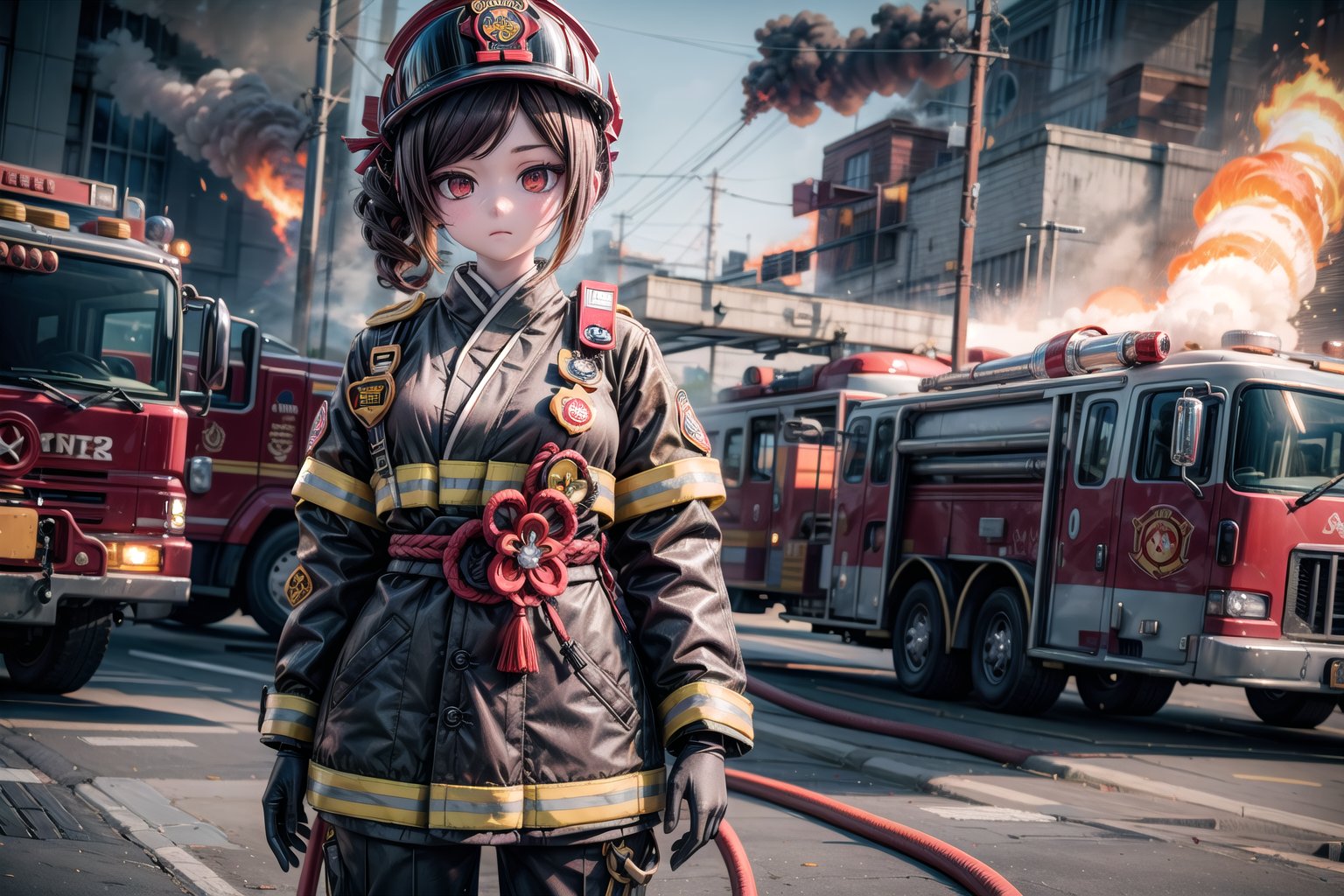 chiori, the fire chief, stands next to her fire engine in full firefighter uniform: helmet, coat, trousers and gloves. In her right hand she holds a fire hose, the camera captures her in full size, with the fire truck in the background, casting a warm light on her determined face. show yourself to me in full firefighter uniform