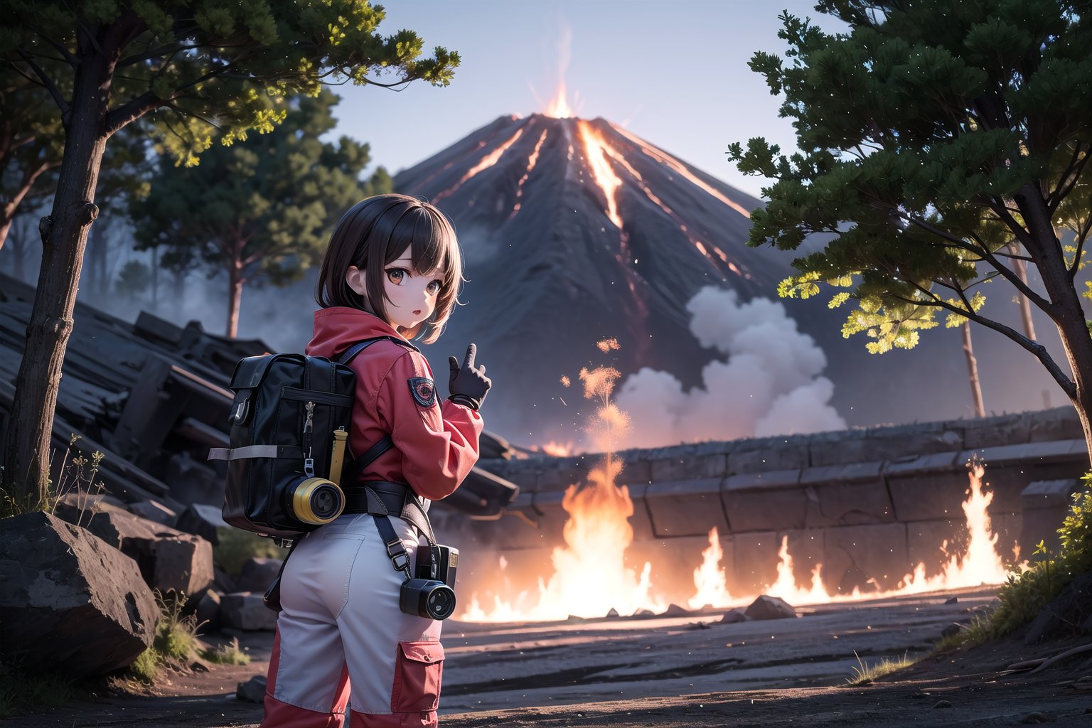 Volcanologist Lora stands at the edge of a majestic, steam-spewing volcanic crater, surrounded by lush green grass and towering trees that stretch towards the sky. The air is thick with wispy smoke and fiery embers as the volcano erupts in the distance. Her Hazmat suit glistens with dew as she gazes up at the inferno, her expression a mix of awe and trepidation. The camera captures the intricate details of her equipment and the rugged terrain in Ultra 4K HDR, showcasing the complexity of the volcanic landscape.