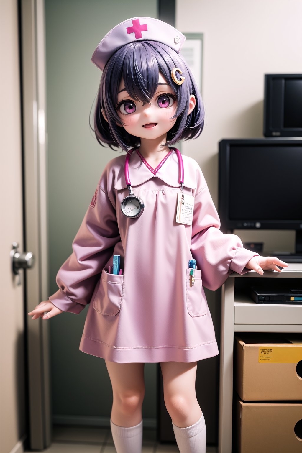 (masterpiece), best quality, HDR, 32k UHD, Ultra realistic, highres, highly detailed, ultra_hd, high resolution, ultra_detailed, hyper realistic, extemely detailed background, detailed_background, complex_background, depth_of_field, extremely detailed and complex, child size, (12 years old), little Nurse Qiqidef (full body view of lora:qiqi:1) in her white hospital uniform and nurse cap, nurse, nurse cap, hat, sleeves, long dress, hair between eyes, stands in a dynamic pose in a operation room, hospital room, happy_face, tantei1_nurse, complete hospital equipment in the background, realism pushed to extreme, fine texture, petite, very cute, naughty, adorable girl, creating an atmosphere in a operation hospital room, 