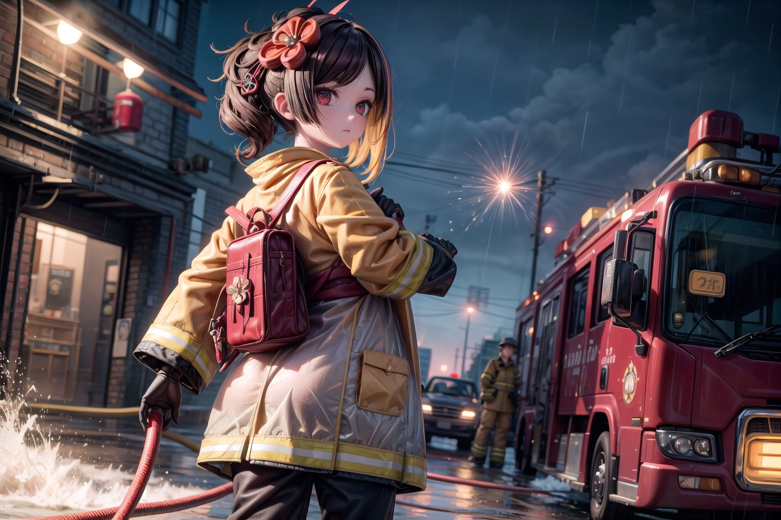 chiori, the fire chief, stands next to her fire truck in full firefighter uniform: helmet, coat, pants and gloves. In her right hand she holds a fire hose, the camera captures her full size, with the fire engine in the background, casting a warm light on her determined face. show yourself to me in full firefighter uniform, all wet uniform, rainy weather,
