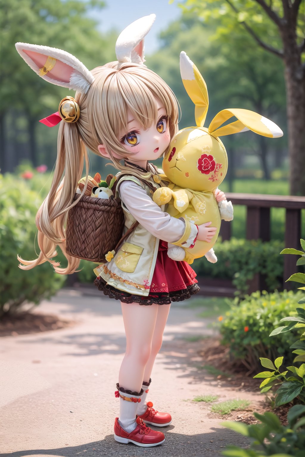 Yaoyao_Impact, full_body, blurry_background, loli, hug stuffed rabbit with 2 hands, outdoor, yellow rabbit, 1girl, solo_female,