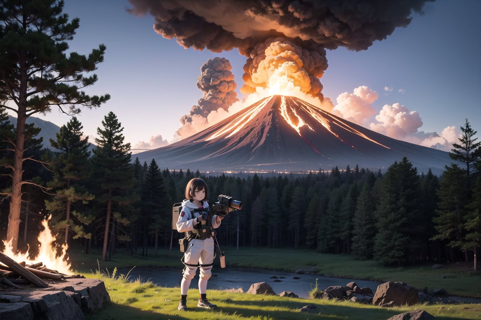 Volcanologist Lora stands at the edge of a majestic, steam-spewing volcanic crater, surrounded by lush green grass and towering trees that stretch towards the sky. The air is thick with wispy smoke and fiery embers as the volcano erupts in the distance. Her Hazmat suit glistens with dew as she gazes up at the inferno, her expression a mix of awe and trepidation. The camera captures the intricate details of her equipment and the rugged terrain in Ultra 4K HDR, showcasing the complexity of the volcanic landscape.