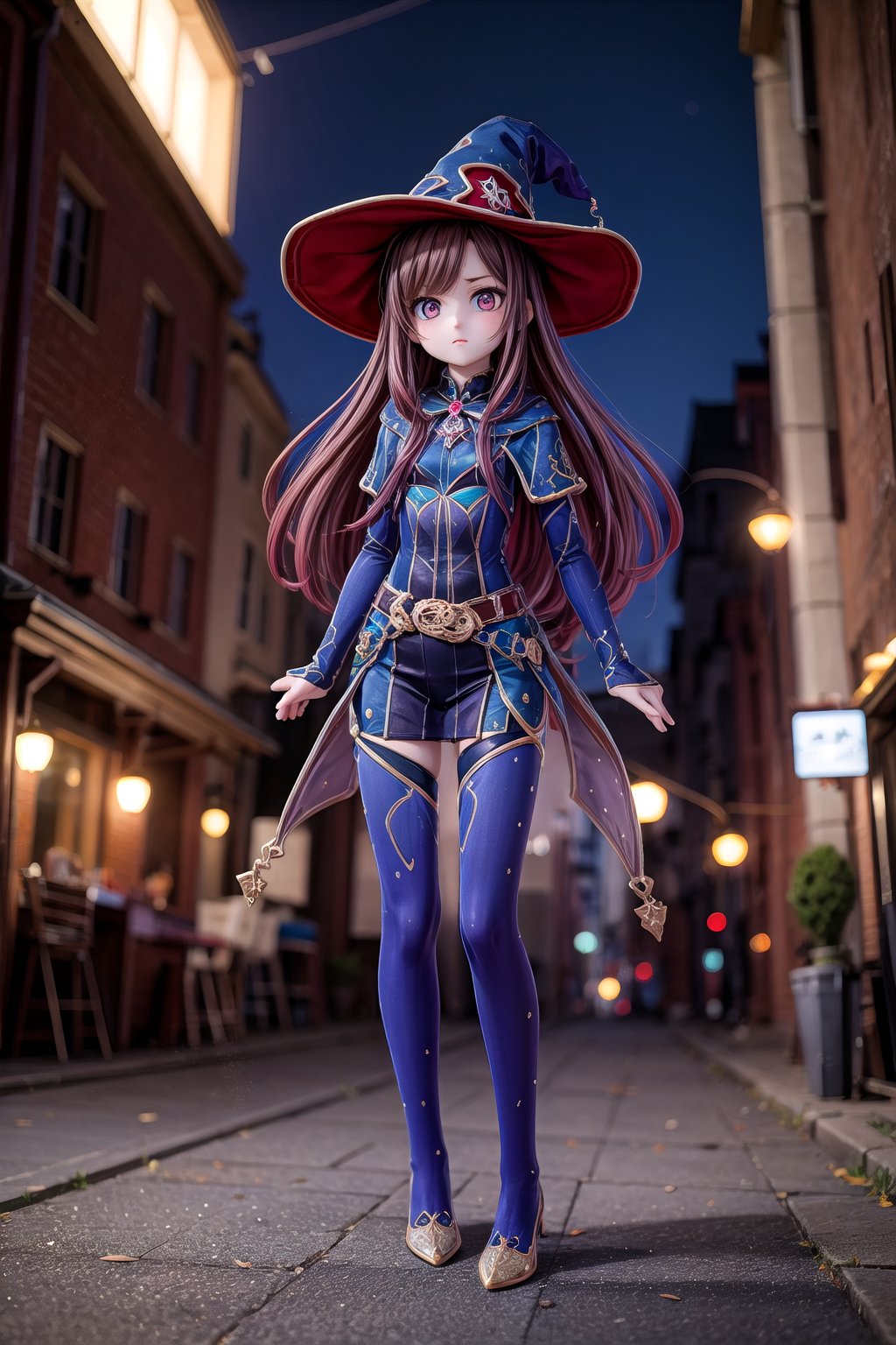 Mona_Impact, full_body, outdoor, beautiful 25 years old girl, blurry_background, witch hat,