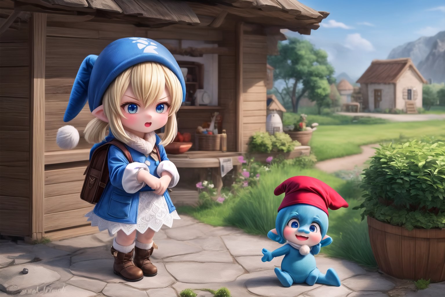 little kleedef as (Smurfs), show yourself as (Smurfs), show me your (Smurfs costume), creating an atmosphere in (Smurf Village), creating an atmosphere at (Smurf Village), show yourself as Smurf, (Grouchy Smurf), (Sasette), (Brainy Smurf), (Papa Smurf), (Clumsy Smurf), (Hauie), (Hefty Smurf),