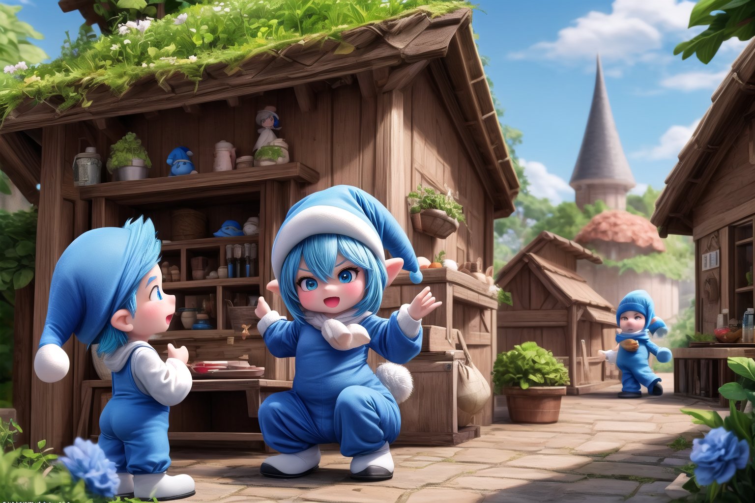 little kleedef as (Smurfs), show yourself as (Smurfs), show me your (Smurfs costume), creating an atmosphere in (Smurf Village), creating an atmosphere at (Smurf Village), show yourself as Smurf, (Grouchy Smurf), (Sasette), (Brainy Smurf), (Papa Smurf), (Clumsy Smurf), (Hauie), (Hefty Smurf),