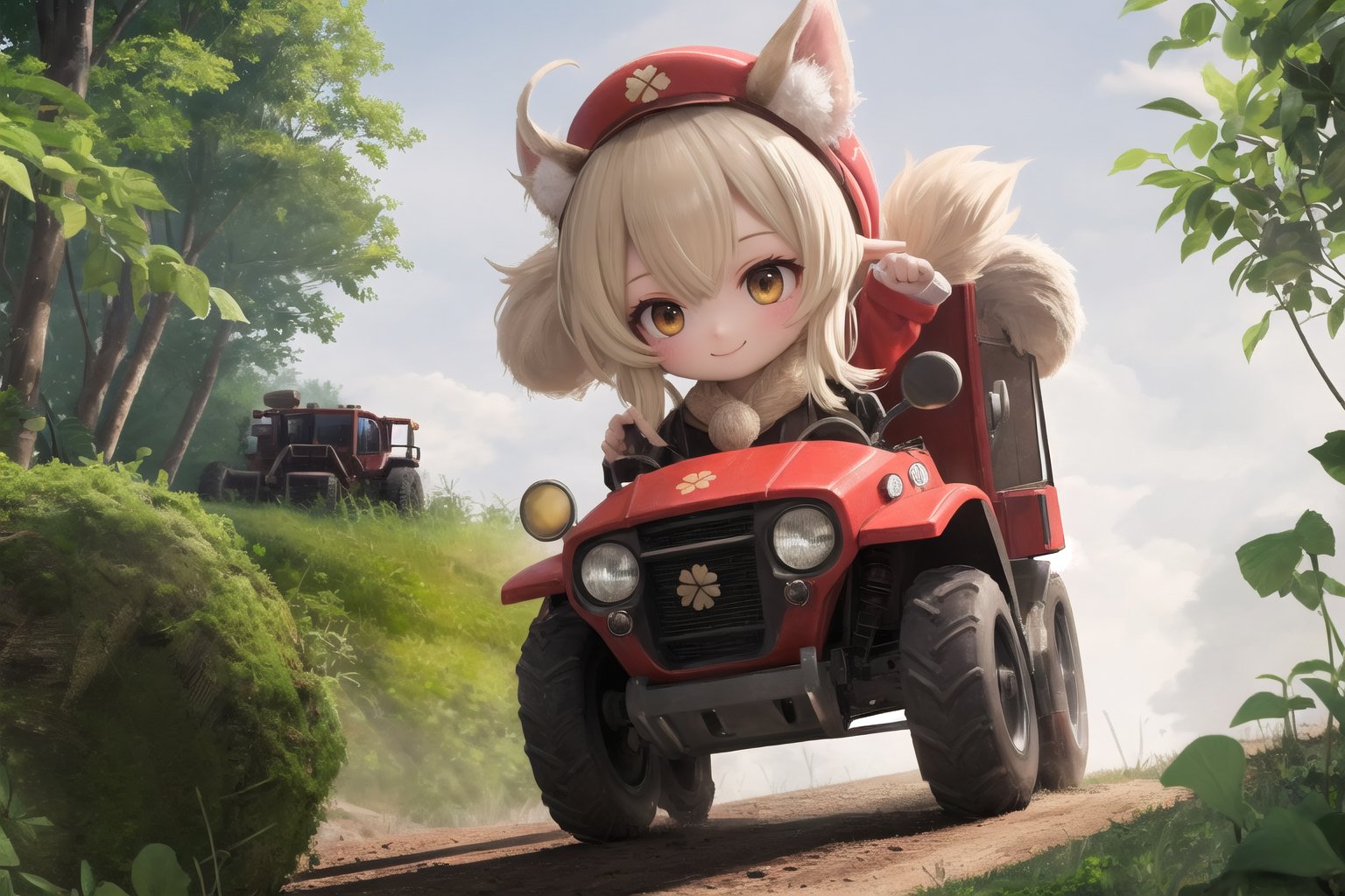 In a whimsical tableau, Klee, her mischievous smile gleaming, grasps the controls of a high-tech ultralight tractor amidst lush Teyvat foliage, its path marked by a trail of destruction. The camera's low vantage point emphasizes the vehicle's robust build and Klee's diminutive stature. Soft, golden light illuminates the juxtaposition between the industrial behemoth and Klee's tousled appearance, her scrappy spirit on full display.