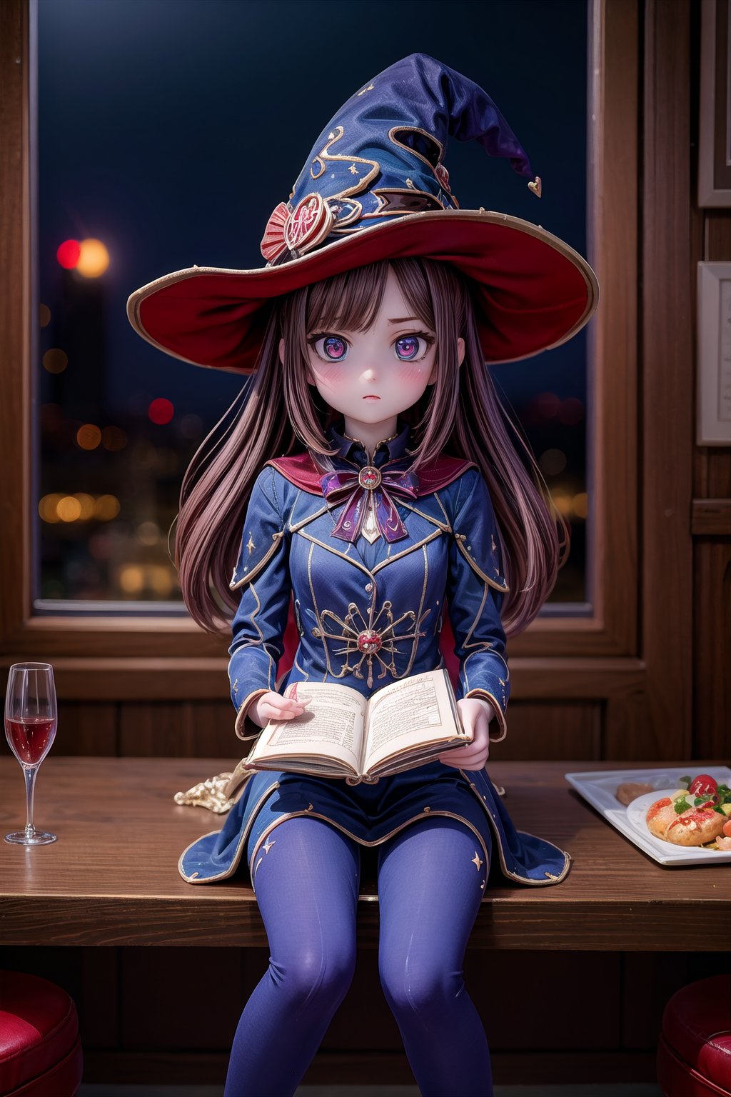 Mona_Impact, full_body, beautiful 25 years old girl, blurry_background, witch hat, sitting in a restaurant,