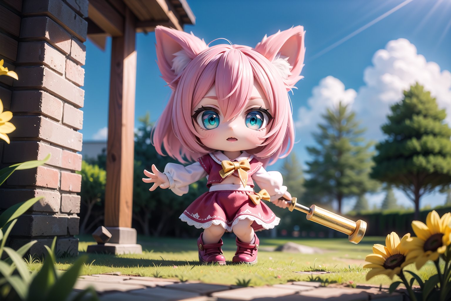 A majestic littlest Amy Rose stands proudly outdoors against a stunningly detailed background, reminiscent of Moebius' whimsical landscapes. Her iconic Sonic-inspired costume shines in Ultra HD, with intricate textures and patterns that seem almost hyper-realistic. The HDR lighting captures the soft glow of sunlight, accentuating her bright blue eyes and vibrant pink hair. As she attacks with her trusty hammer, her movements are fluid and dynamic, set against a richly detailed background featuring fantastical architecture and lush foliage.