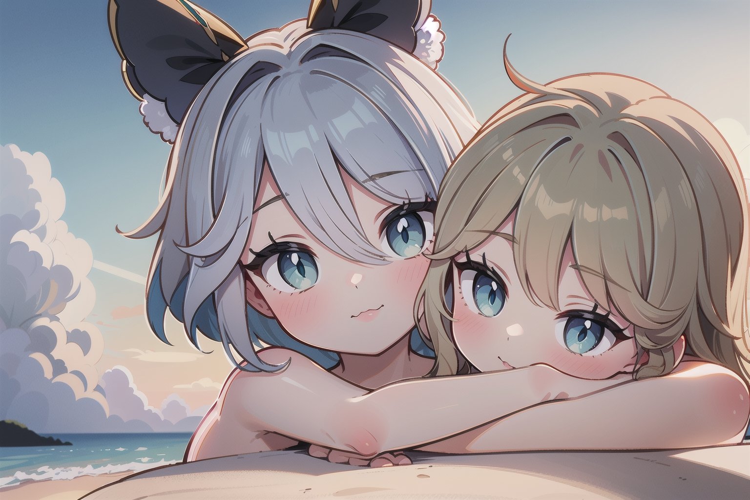 Furina and Kiraragenshin, two sisters embracing on a sun-kissed beach, their skin glowing with a warm sandy sheen. Soft focus captures tender intimacy as golden light casts a warm glow on the pair. Majestic beach stretches behind them, waves gently lapping at shore. Brilliant blue sky above with wispy clouds drifting lazily, Furina's hair blowing softly in gentle breeze.
