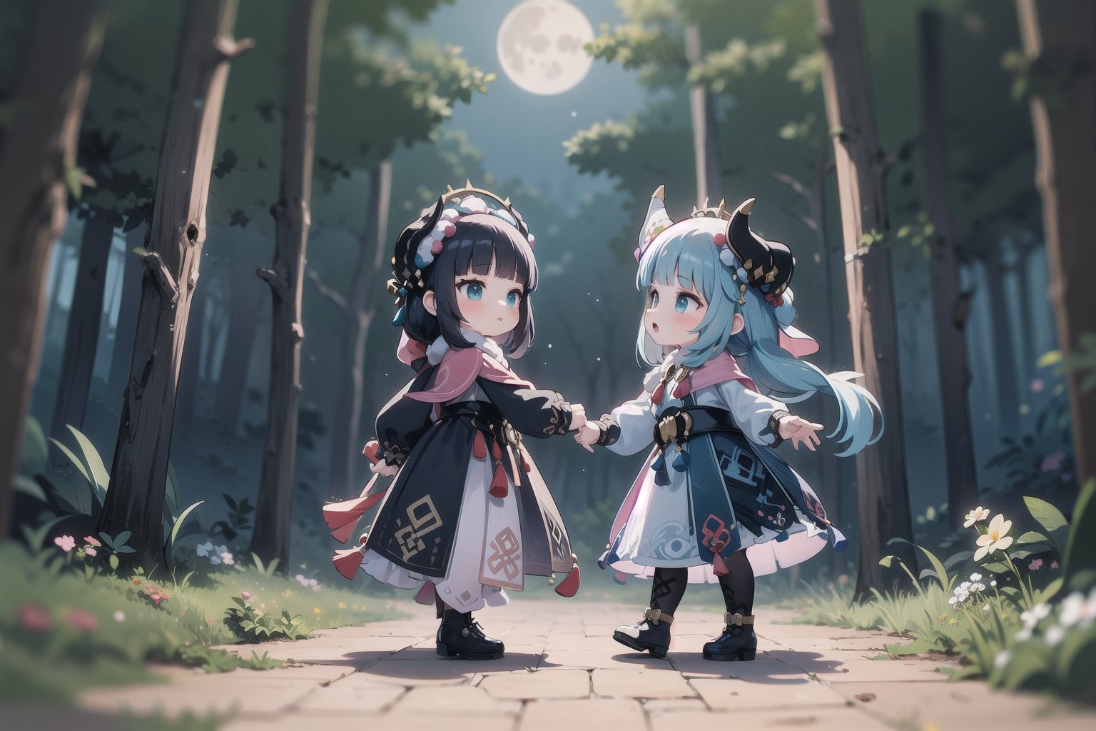 In this hauntingly beautiful scene, little Yunjindef and Niloudef, two 12-year-old girls, stand united in the dark epic forest, where the whispers of werewolves echo through the trees. The faint luminescence emanating from their hands casts an otherworldly glow on their determined faces. The somber moon hangs low, its long shadow stretching across the landscape as the girls hesitate at the threshold of adventure and danger. Treasure lies hidden amidst the lurking shadows, waiting to be uncovered by these brave young explorers.