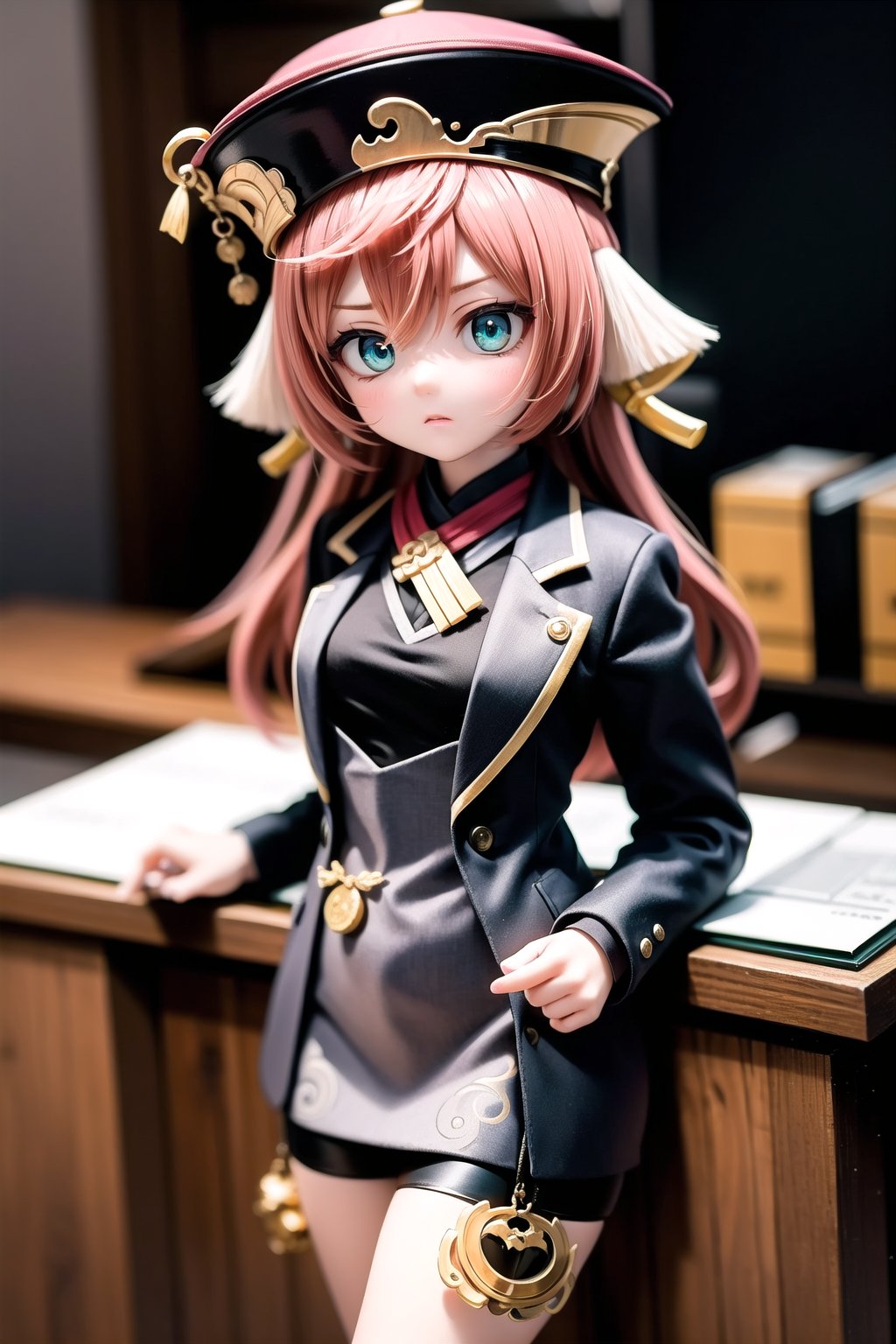 A solemn-faced yanfeidef stands tall in a dimly lit courtroom, her eyes piercing through the shadows as she holds aloft a gavel. Her black white sexy suit and stern expression command respect, as if ready to dispense wisdom and justice. The wooden desk behind her is cluttered with files and papers, while the walls are adorned with ancient legal texts. photorealistic,