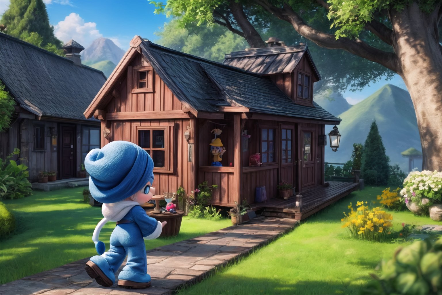 A vibrant scene unfolds in the heart of the Smurf village! little yanfeidef as (Smurfs), show yourself as (Smurfs), show me your (Smurfs costume), stands in a dynamic pose amidst a lush green backdrop. Warm sunlight casts a soft glow, highlighting his beaming smile as she proudly displays her bright blue cap. The camera pans out to show Yanfei on her epic journey through the whimsical realm of the Smurfs, with rolling hills, towering trees and tiny houses dotting the landscape. creating an atmosphere in (Smurf Village), creating an atmosphere at (Smurf Village), show yourself as Smurf, (Grouchy Smurf), (Sasette), (Brainy Smurf), (Papa Smurf), (Clumsy Smurf), (Hauie), (Hefty Smurf),