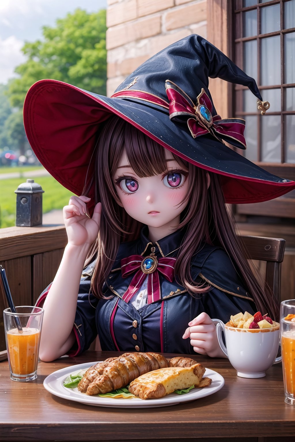 1girl, solo, Mona_Impact, bangs, 25 years old girl, witch hat, on vacation in Netherlands, let's go eat breakfast,