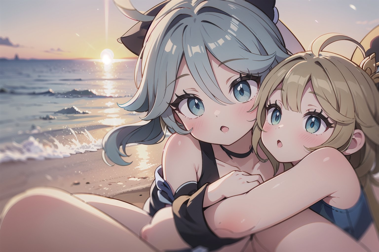 Furina and Kiraragenshin, two sisters embracing on a sun-kissed beach, their skin glowing with a warm sandy sheen. Soft focus captures tender intimacy as golden light casts a warm glow on the pair. Majestic beach stretches behind them, waves gently lapping at shore. Brilliant blue sky above with wispy clouds drifting lazily, Furina's hair blowing softly in gentle breeze.