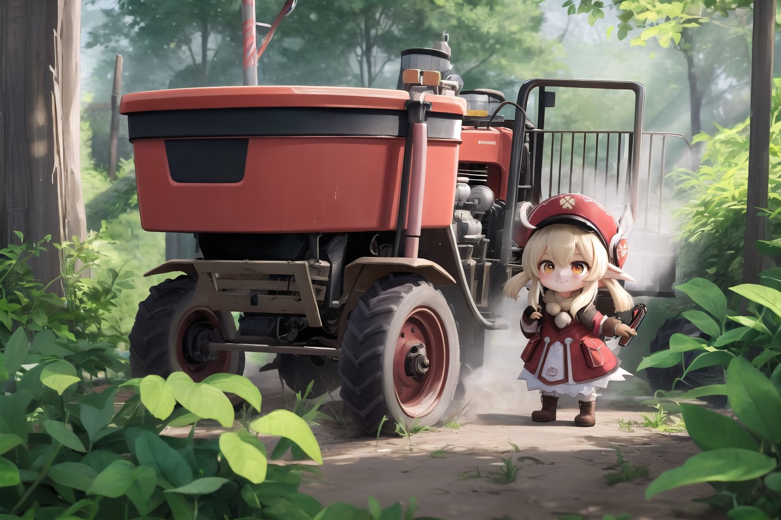 In a whimsical tableau, Klee, with a mischievous smile, takes the controls of an ultra-fast high-tech tractor amidst the lush foliage of Teyvat, its path marked by a trail of destruction. The low angle of the camera emphasizes the tractor's robust construction and Klee's petite stature. Soft, golden light illuminates the juxtaposition between the industrial behemoth and Klee's disheveled exterior, which brings out her scrappy spirit to the fullest.