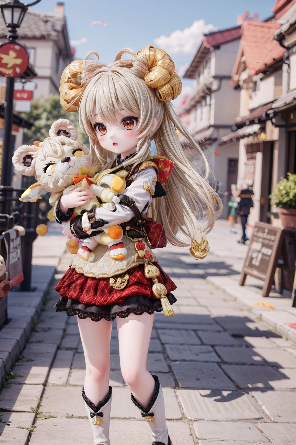 Yaoyao_Impact, full_body, blurry_background, stuffed toy, stuffed animal, loli, holding stuffed animal in 2 hands, outdoor,