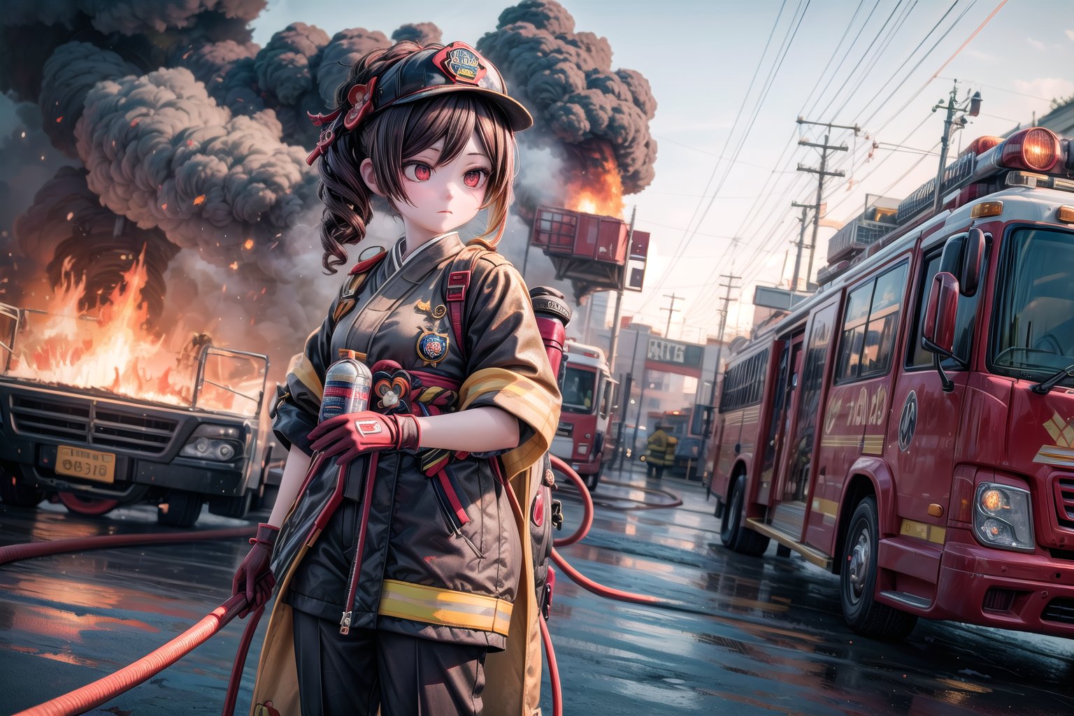 chiori, the fire chief, stands next to her fire engine in full firefighter uniform: helmet, coat, trousers and gloves. In her right hand she holds a fire hose, the camera captures her in full size, with the fire truck in the background, casting a warm light on her determined face. show yourself to me in full firefighter uniform