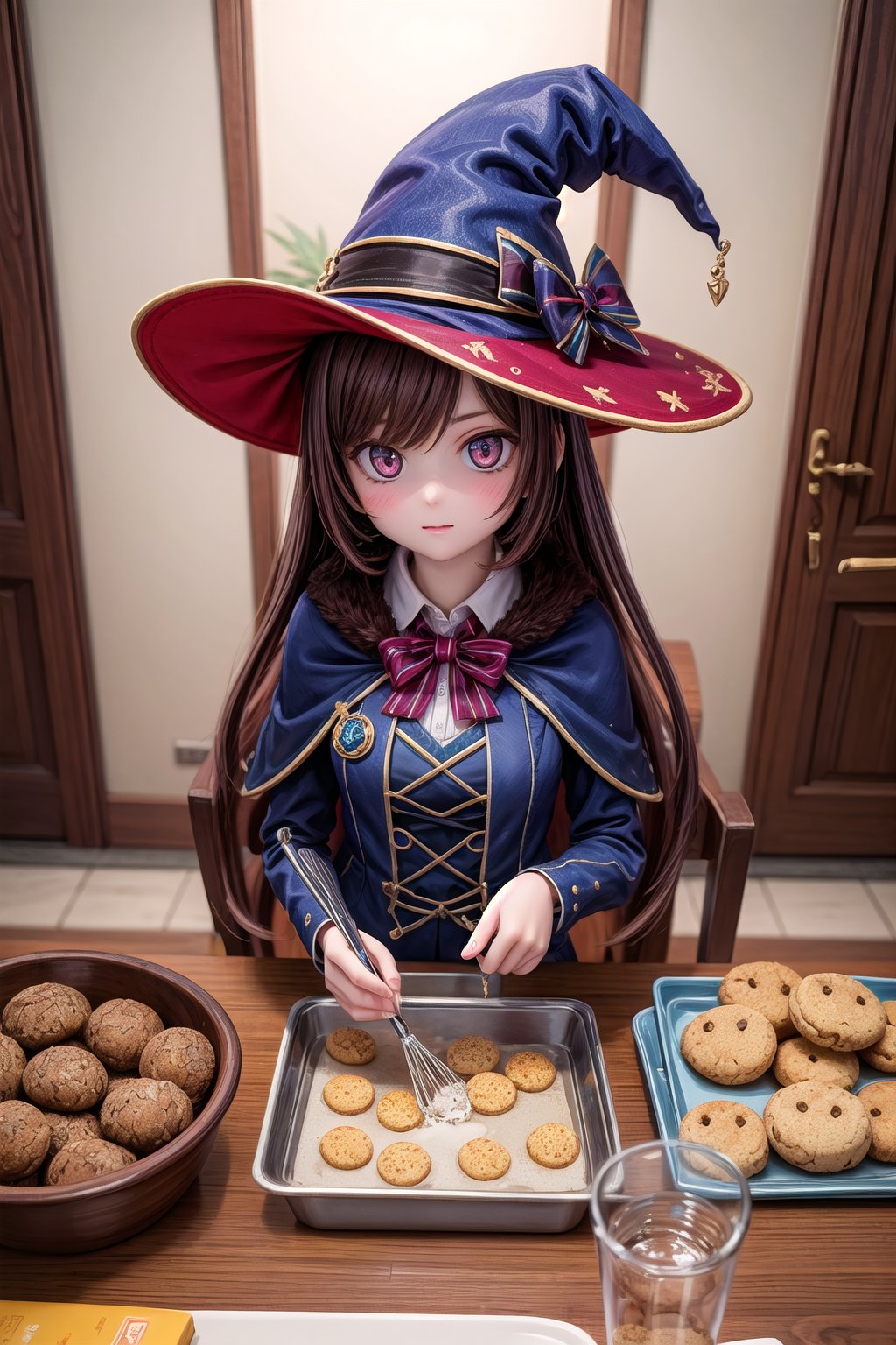 1girl, solo, Mona_Impact, 25 years old girl, witch hat, on vacation in Netherlands, let's bake some cannabis cookies in the hotel room, indoor,