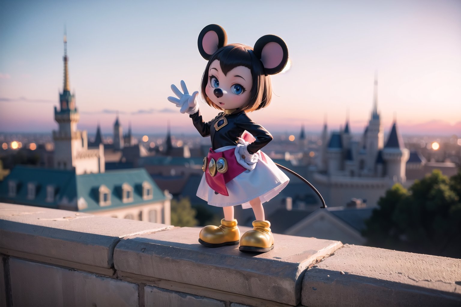 little candacedef as (Disney's Mickey Mouse), (masterpiece), best quality, HDR, 32k UHD, Ultra realistic, highres, highly detailed, ultra_hd, high resolution, ultra_detailed, hyper realistic, extemely detailed background, detailed_background, complex_background, depth_of_field, extremely detailed and complex, outdoor, little Disney's Micky Mouse at Disney Land Paris,