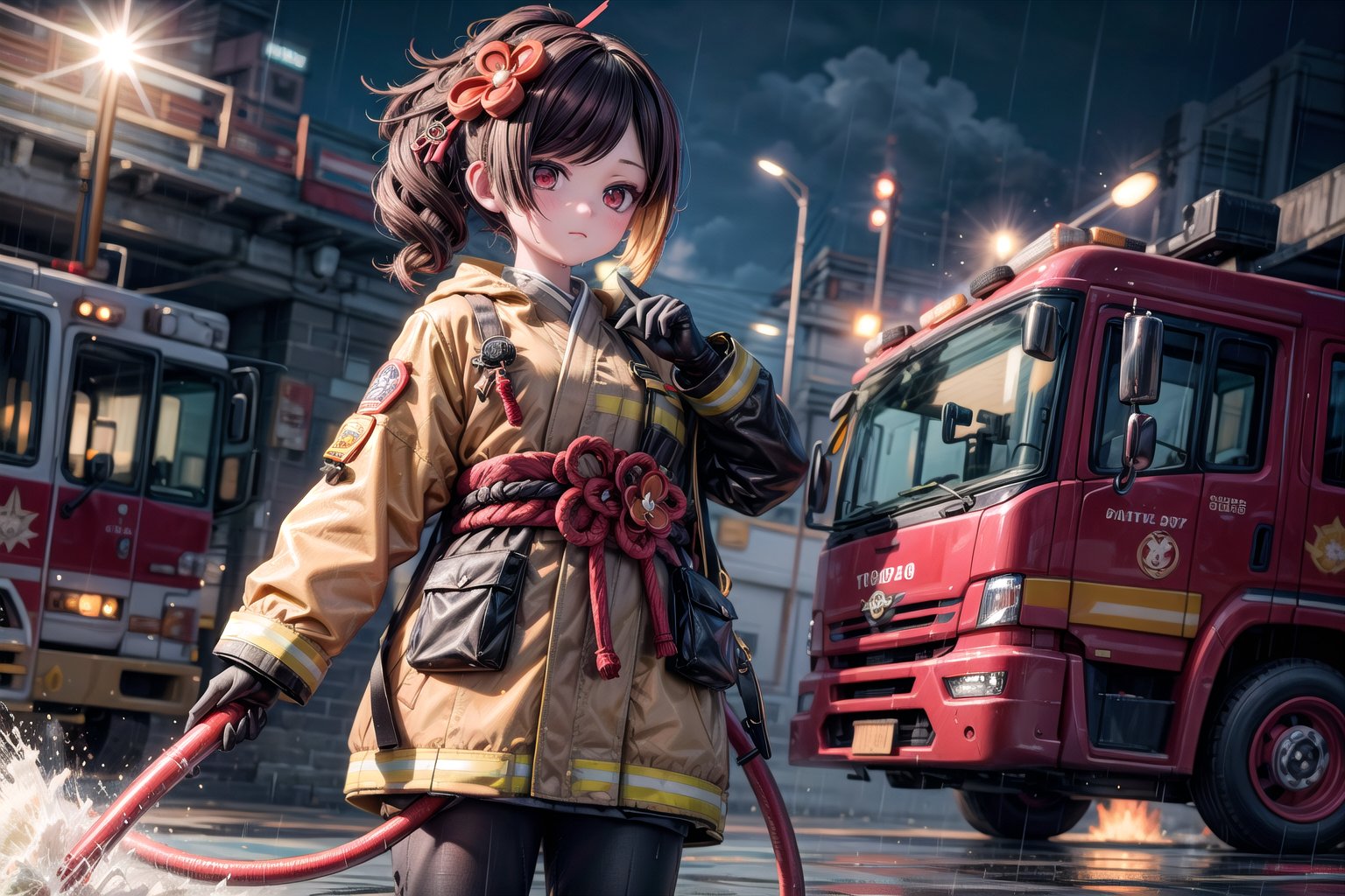 chiori, the fire chief, stands next to her fire truck in full firefighter uniform: helmet, coat, pants and gloves. In her right hand she holds a fire hose, the camera captures her full size, with the fire engine in the background, casting a warm light on her determined face. show yourself to me in full firefighter uniform, all wet uniform, rainy weather,