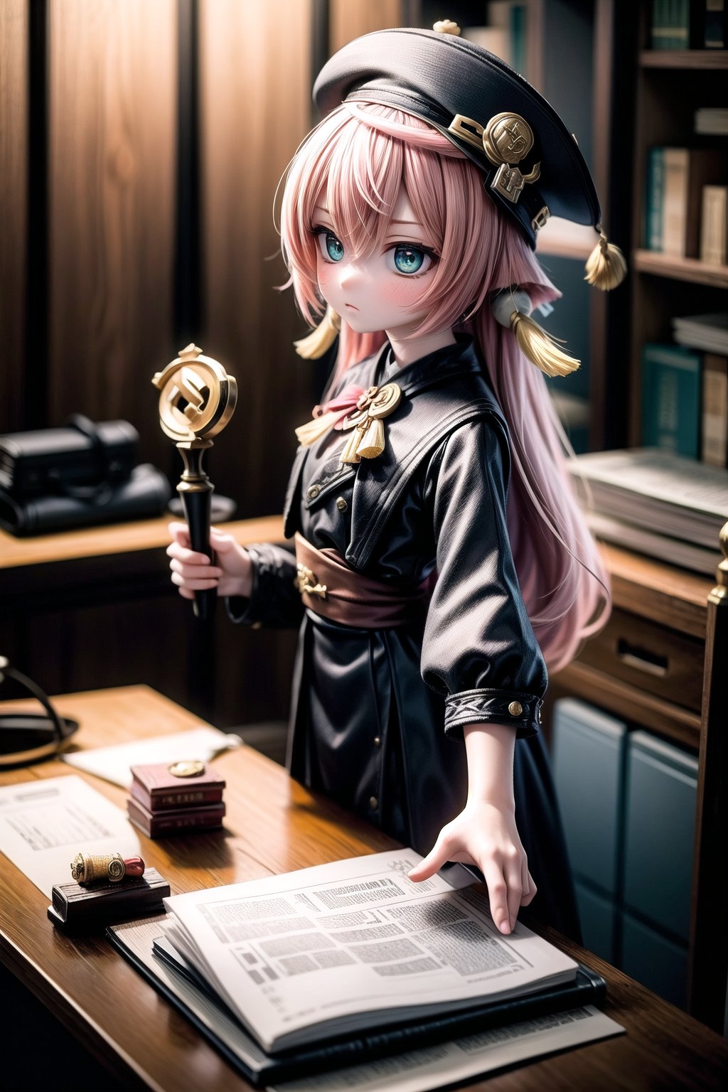 A solemn-faced yanfeidef stands tall in a dimly lit courtroom, her eyes piercing through the shadows as she holds aloft a gavel. Her dark sexy suit and stern expression command respect, as if ready to dispense wisdom and justice. The wooden desk behind her is cluttered with files and papers, while the walls are adorned with ancient legal texts. photorealistic,