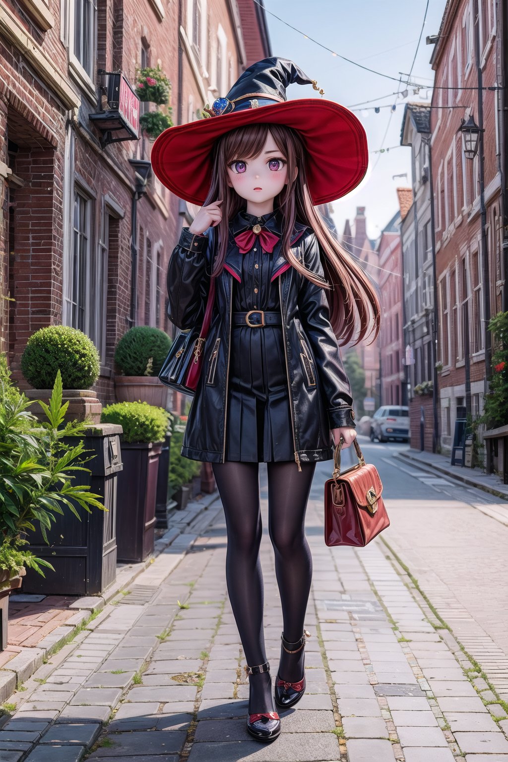 1girl, solo, Mona_Impact, 25 years old girl, witch hat, on vacation in Netherlands, let's go buy some cannabis in the city,