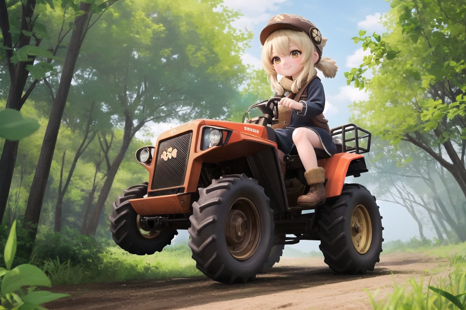 In a whimsical tableau, Klee, her mischievous smile gleaming, grasps the controls of a high-tech ultralight tractor amidst lush Teyvat foliage, its path marked by a trail of destruction. The camera's low vantage point emphasizes the vehicle's robust build and Klee's diminutive stature. Soft, golden light illuminates the juxtaposition between the industrial behemoth and Klee's tousled appearance, her scrappy spirit on full display.