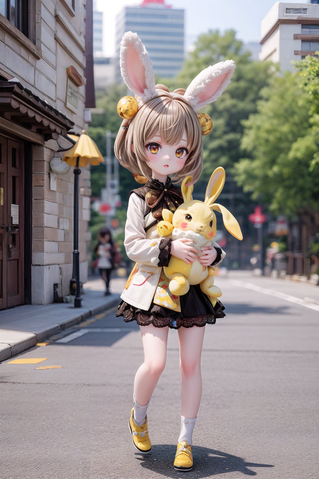 Yaoyao_Impact, full_body, blurry_background, loli, hug stuffed rabbit with 2 hands, outdoor, yellow rabbit, 1girl, solo_female, yaoyao style, brown hair, brown eyes, short hair,