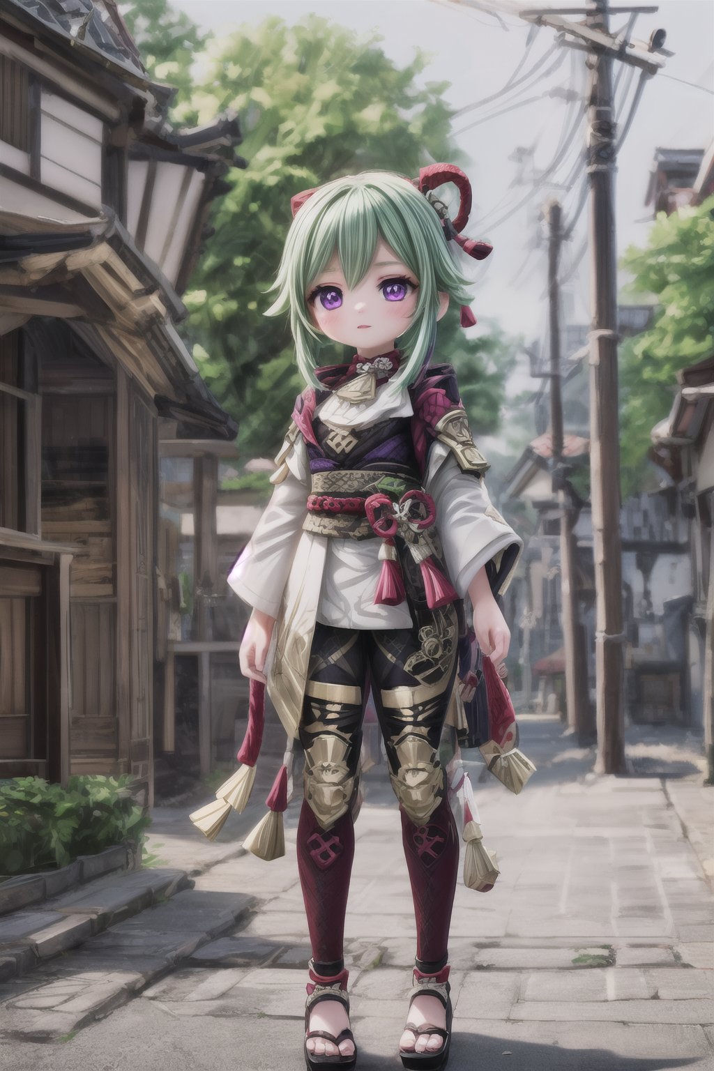 1girl, solo_female, purple eyes, green hair, Kuki Style, full body view, is located in Mondstadt, the City in Genshin Impact, cheeky and sweet, (masterpiece), best quality, HDR, 32k UHD, Ultra realistic, highres, highly detailed, ultra_hd, high resolution, ultra_detailed, hyper realistic, extemely detailed background, detailed_background, complex_background, depth_of_field, extremely detailed and complex,