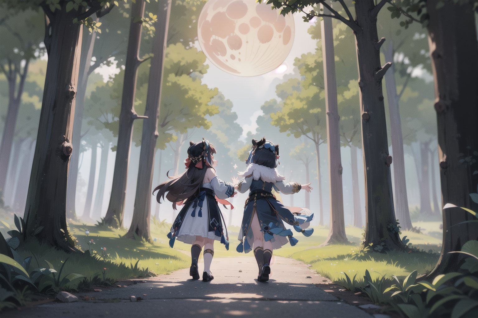 In this hauntingly beautiful scene, little Yunjindef and Niloudef, two 12-year-old girls, stand united in the dark epic forest, where the whispers of werewolves echo through the trees. The faint luminescence emanating from their hands casts an otherworldly glow on their determined faces. The somber moon hangs low, its long shadow stretching across the landscape as the girls hesitate at the threshold of adventure and danger. Treasure lies hidden amidst the lurking shadows, waiting to be uncovered by these brave young explorers.