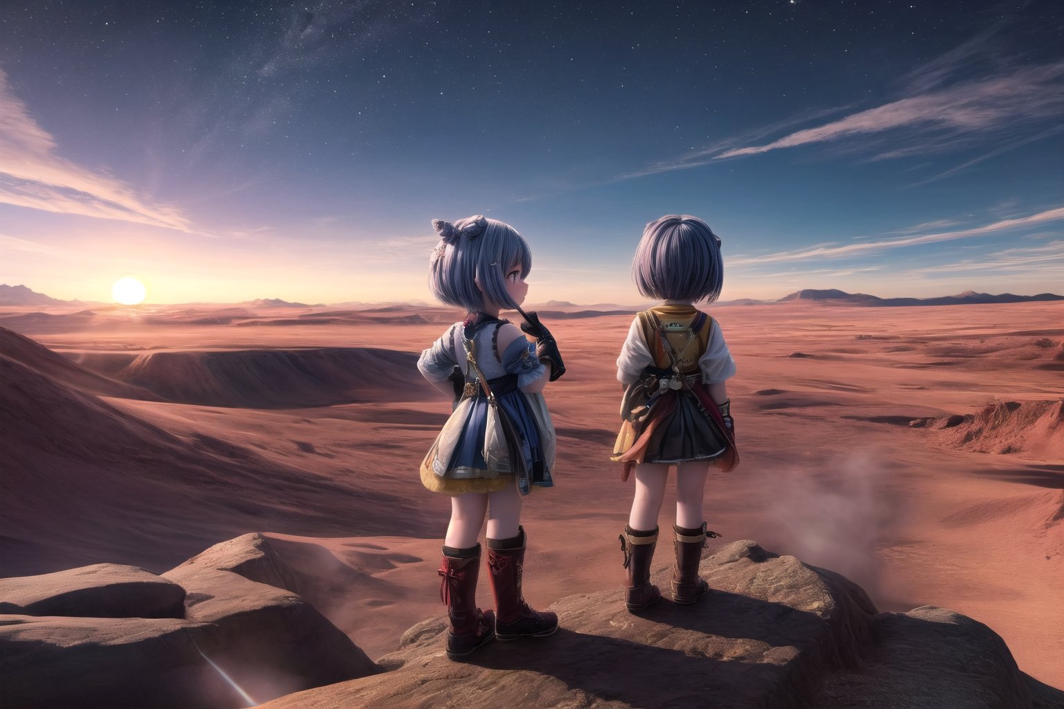 Little Keqingdef and little Xianglingdef stand back-to-back on the crimson Martian terrain, their silhouettes bold against a breathtaking HDR sunset. The rusty red landscape stretches out in 32k UHD clarity, with rocks and dust devils rendered in hyper-realistic detail. Against the vibrant sky, their figures are set ablaze by the warm glow of the setting sun. R2D2 rolls beside them, as the Mars Rover and alien sit majestically on the barren landscape, surrounded by an otherworldly beauty.